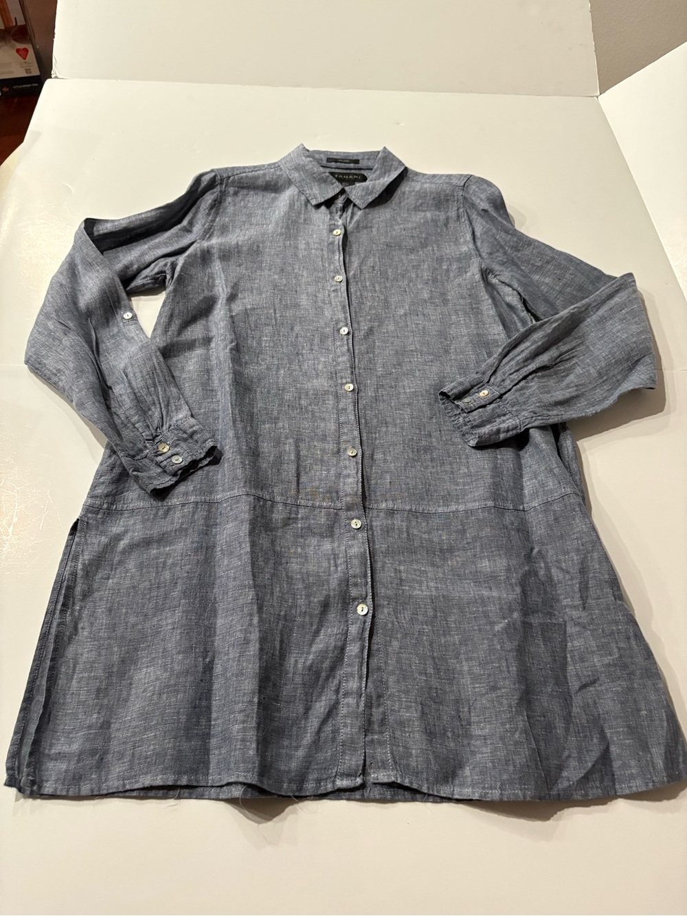 Tahari 100% linen S Washed Blue Button-Front Tunic / Shirt Dress button roll tab